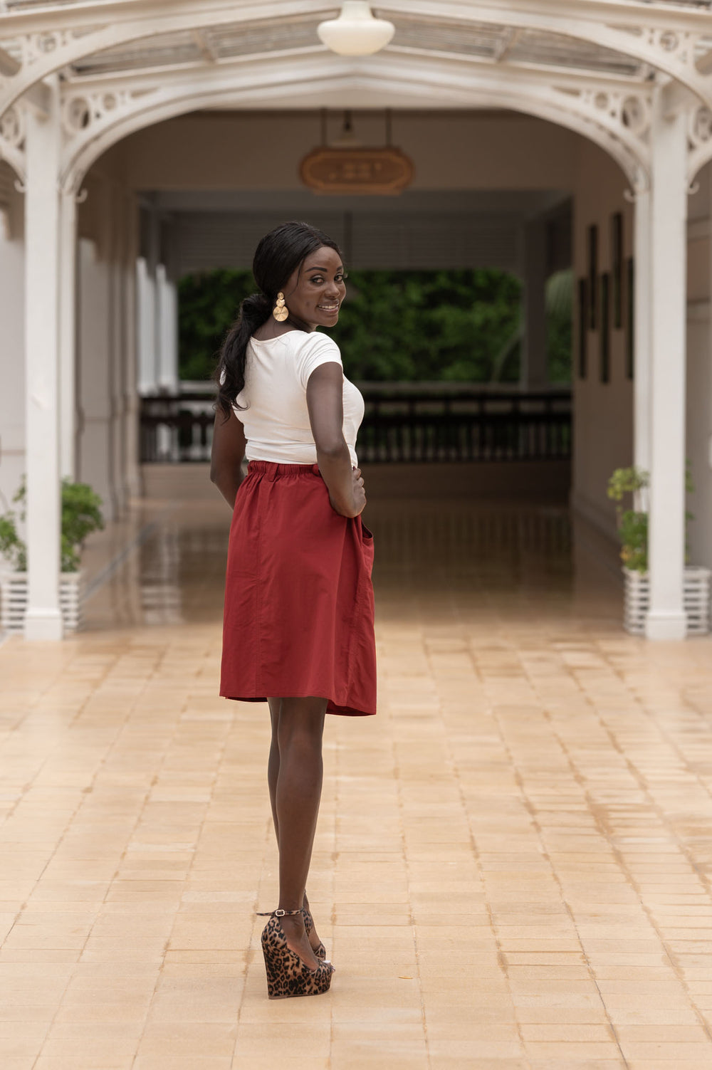 Macabi Knee Length Skirt - Dark Cherry Red